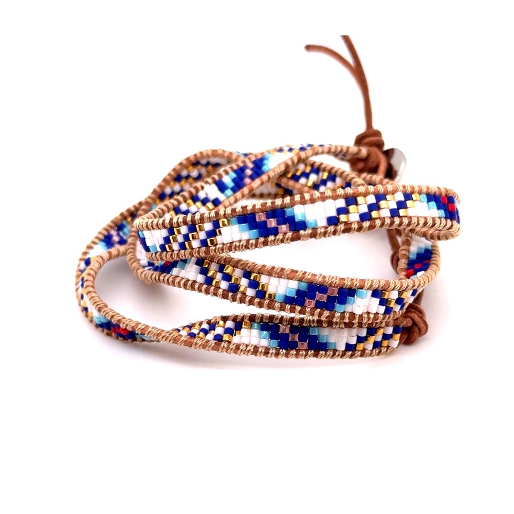 Victoria Emerson Blue Seed Bead Leather Triple Wrap Bracelet Boho Adjustable